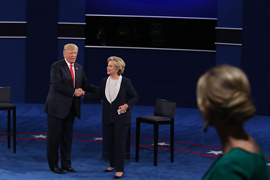 Donald+Trump+and+Hillary+Clinton+shake+hands+during+the+second+presidential+debate+on+Oct.+9.