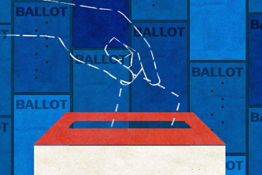 An illustration depicts a hand placing a vote into a ballot box.